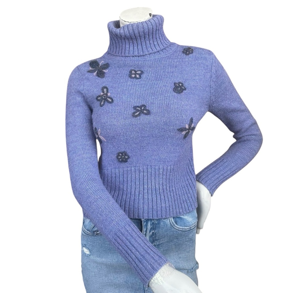 Vintage Periwinkle 3D Flower Butterfly Print Wool Alpaca Blend Turtleneck XS